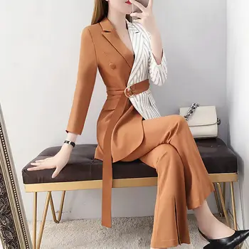 Kadın Yeni Moda Çentikli Uzun Kollu Blazer + Geniş Bacak Pantolon Kadın Zarif Ofis Bayanlar Çizgili Iş Elbisesi 2 Parça Set Q95