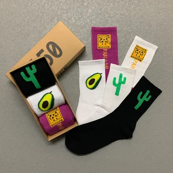 Kadın Çorap 3 çift / kutu Sadelik Karikatür Kaktüs Avokado çorap Pamuk Harajuku Beyaz Baskılı Moda Hediyeler Erkekler için