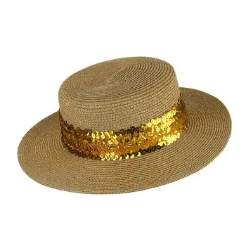 Kadınlar gümüş Hasır güneş şapkası gümüş sequins Hasır Güneş Klasik plaj şapkası Geniş Kenarlı Panama Erkekler UV Koruma Kapağı chapeau femme 2021