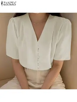 Kadınlar Katı Renk Tek Göğüslü Bluz ZANZEA Casual V Boyun Gömlek Kore Kısa Kollu Ofis kadın bluzları 2022 Yaz Eğlence Blusa