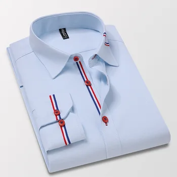 Kaliteli erkek Uzun Kollu Oxford Çizgili Casual Gömlek Ön Yama Düzenli fit Düğme Aşağı Yaka Kalın İş Gömlekleri