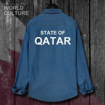 Katar devleti Katar Dawlat QA Erkekler Moda Giyim Sonbahar Pamuk Bayrakları Turn-aşağı Yaka Kot Gömlek Uzun Kollu Kovboy Ceket Yeni