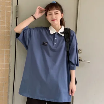 Kore Moda Gevşek Büyük Boy T-shirt Turn-aşağı Yaka yaz giysileri Kadınlar için Tiki Tarzı Öğrenci Harajuku Gömlek