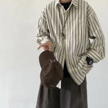 Kore Moda Unisex Şerit Gömlek Erkekler Uzun Kollu Yerleşimi Japon Retro Üst Tasarım İç ve Dış Giyim İlkbahar ve Sonbahar
