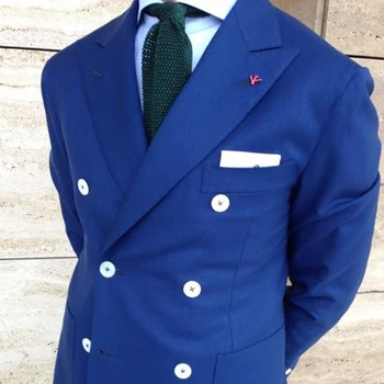Kruvaze Erkek Takım Elbise Slim fit 2 Parça Damat Smokin Düğün için Kraliyet Mavi Erkek Moda Kostüm Doruğa Yaka Ceket