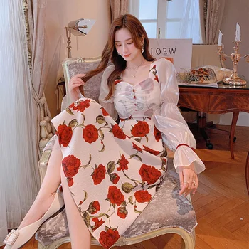 Kırmızı Gül Baskı Bahar Uzun Elbise Fransız Vintage Midi Elbise Tatlı Zarif Akşam Parti Elbise Retro Kore Kare Yaka Kızlar