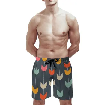 Laleler Yeni Erkek Yüzmek Şort Hızlı Kuru Plaj Kurulu Mayo Moda Voleybol Şort Vektör Soyut Desen Çiçek Laleler Retro