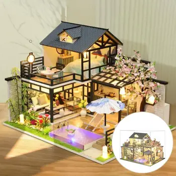 Minyatür Dollhouse Gerçekçi Mobilya Ahşap El Sanatları Villa Büyük Ev Yazlık Yaratıcı Oda Bebek Evi Kendinden Montajlı