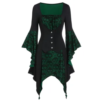 Ortaçağ Bayanlar Elbise Cosplay Kostüm Gotik Retro Elbise Hayalet Kafatası Bandaj Düğme Dantel Elbise Kare Boyun Parlama Kollu Kostüm