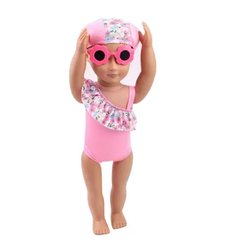 Oyuncak bebek giysileri pembe baskı mayo + yüzmek kap + gözlük oyuncak aksesuarları fit 18 inç Kız bebek ve 43 cm bebek bebek c181