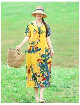 Pamuk Keten Sıcak Moda Baskı Gevşek Vestidos O-boyun Yeni Robe Femme Ete 2019 Yaz Vintage Kazak Kadın Elbise