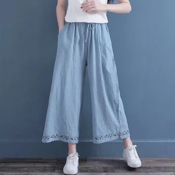 Rahat Pamuk Ve Keten kadın yazlık pantolonlar Geniş Bacak Düz Gevşek Rahat İşlemeli Elbise Ayarlanabilir Bel