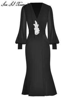Seasıxıang Moda Tasarımcısı Sonbahar Mermaid Elbise Kadın V Yaka Fener Kollu Kristal Elmas Lace Up Vintage Siyah Midi Elbiseler