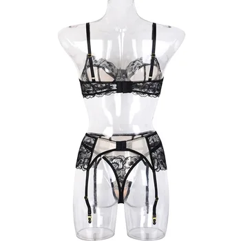 Seksi Porno Iç Çamaşırı Kadın Vücut Dantel Örgü Siyah Nakış Çelik Halka Polyester Karışımları Egzotik Giyim Katı Şeffaf Kısa Set