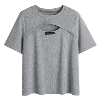 Siyah Gri Seksi Hollow Out Büyük Boy T-shirt Dikiş Toptan Satmak için Artı Boyutu Giyim Kadın Kore Moda Kısa Kollu XL