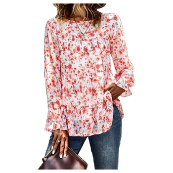 Sonbahar O-boyun rahat gevşek Gömlek Kadın puf Uzun Kollu Çiçek şifon bluz üst