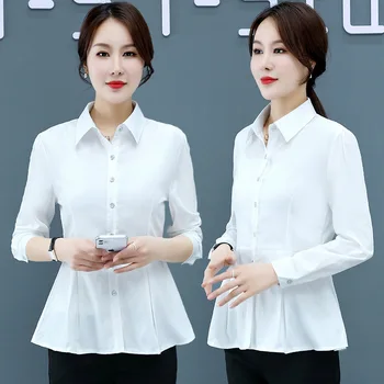Sonbahar Şifon Ofis Bayan Düğme Gömlek Kore Uzun Kollu Ruffles Kadın Gömlek Beyaz Vintage Bayanlar Bluz Tops
