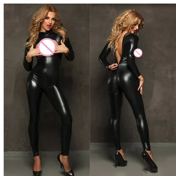Sıcak siyah suni deri Catsuit Kadınlar Geri Crotch Fermuar Açık Sütyen Crotchless Seksi Fetiş Tulum Egzotik Clubwear Kostümleri