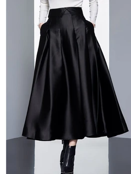 Tasarım Niş Bel boyu Etek kadın Sonbahar 2022 Yeni Avrupa ve Amerikan Tarzı Siyah Saten Etek Uzun Etek Siyah Etek
