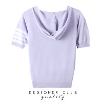 Tb buz ipek örme kapşonlu kısa kollu tişört kadın yaz yeni tasarım duygusu kolej tarzı gevşek kısa üst