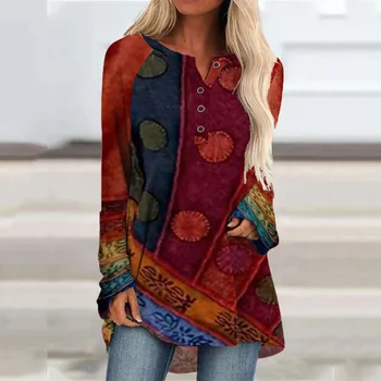 Trend Kadın T-shirt Bahar Polo Yaka Üç Tokaları Vintage Yaprak Baskı Uzun Kollu Düğme Gevşek Rahat Orta uzunlukta Ödeme Kadın