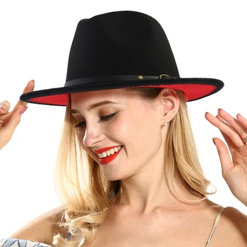 Unisex Düz Ağız Yün fötr şapka şapkalar Kemer ile Kırmızı Siyah Patchwork Caz Resmi Şapka Panama Kap Fötr Chapeau Erkekler Kadınlar için