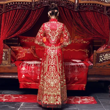 Vintage kırmızı Gelin Nakış Cheongsam Modern Geleneksel Çin tarzı düğün elbisesi Oryantal Bayan Qipao Vestidos Boyutu S-XXL