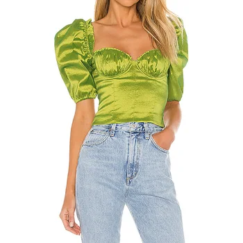 Vintage Yeşil Puf Kollu Seksi Gömlek Kadın 2021 Yaz Parti gece elbisesi Kırpılmış Streetwear Moda 2000s Kısa Bluz Estetik