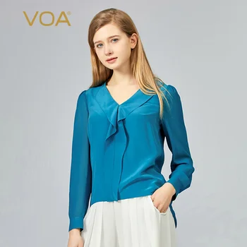VOA Krep De Belkemiği İpek Mavi V Yaka Uzun kollu Kadın Tişörtleri Kısa Ön Uzun Arka Gevşek yaprak Gevşek yaprak T-shirt Bahar BE997