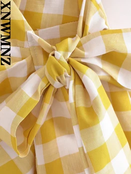 XNWMNZ 2022 Kadın Moda Ekose Dantel Puf Kollu Elbise Retro Kısa Kollu V Yaka Kadın Şık Kısa Elbise