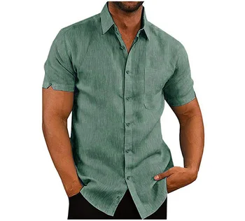 Yaz erkek gömleği Rahat erkek Keten Kısa Kollu Gömlek erkek Düz Renk Nefes İş Gömlek Giyim