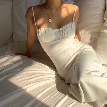 Yaz Kadın Bandaj Kapalı Omuz Giyim Beyaz İnce Seksi Pilili Düşük Kesim Spagetti Sapanlar Backless Kolsuz Midi Elbise