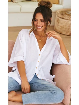 Yaz kadın Bluzlar Gevşek Pamuk Keten Düğmeler Uzun Gömlek Casual Katı Kısa Kollu Bölünmüş Yaka Yaka Bluz Blusas Mujer