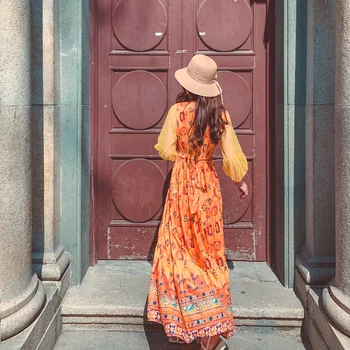 Yaz Turuncu Yeni Net Kırmızı Orta Uzun Net Nakış Dikiş Tay Ulusal Tarzı hint elbisesi Retro Moda Uzun Etek