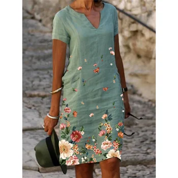 Yaz Çiçek Pamuk Keten Kısa Kollu Orta Uzun Basılı V yaka Elbise Kısa Kollu Orta Uzunluğu Vintage Mini Etek Kadın