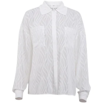 Yazlık gömlek Kadın 2022 Yeni Polyester Moda Rahat Çizgili Cep Beyaz Uzun Kollu Gömlek Ücretsiz Kargo