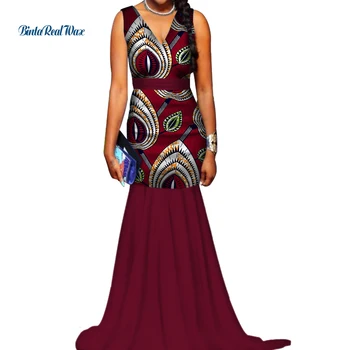 Yeni Afrika Balmumu Baskı Elbiseler Kadınlar için Bazin Riche Kolsuz V Yaka Mermaid Elbise Vestidos Kadınlar afrika kıyafeti WY514