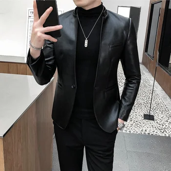 Yeni Katı Siyah Slim Fit Blazer Erkek PU Deri Ceket Erkekler Bir Düğme İş Rahat Balo Blazers Marka Sahne Şarkıcı Kostüm