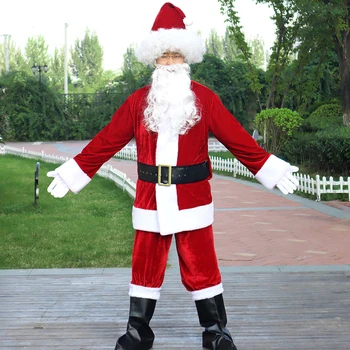 Yeni Noel Noel Baba Cosplay Kostüm Erkekler İçin Yetişkin Fantezi Karnaval Parti Kırmızı Takım Elbise Ceket Pantolon Sakal Kemer Şapka Artı Boyutu 6XL