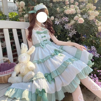 Yumuşak Kız Lolita Jsk Elbise Yay Ruffled Peri Tatlı Kadın Askı Elbise Yaz Kek Doğum Günü Çay Partisi Prenses Elbise