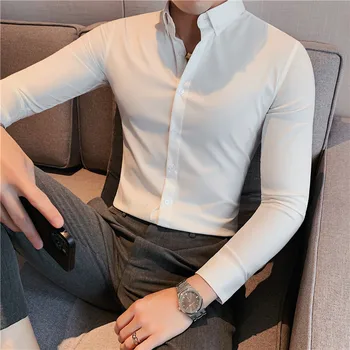 Yüksek kaliteli elastik çizgili erkek gömlek iş uzun kollu rahat tek göğüslü Erkek bluzlar