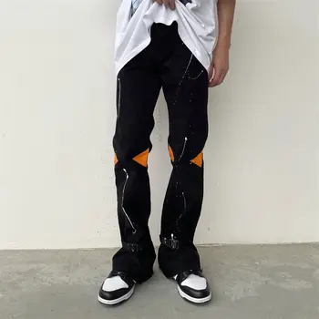 Yüksek Sokak Mürekkep Sıçrayan Mikro boynuz Tulum erkek Gelgit Marka Siyah Zayıflama Tasarım Paspas Rahat Uzun pantolon streetwear erkekler