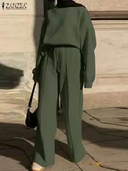 ZANZEA Iki Parçalı Pantolon Setleri Müslüman Katı Kadın Tişörtü Uzun Pantolon Takım Elbise Moda Bayan Eşleşen Setleri Türk Seramik Kıyafet