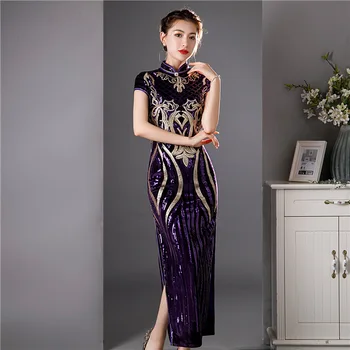 Zarif Seksi Kadife Cheongsam Kadın Qipao Klasik Mandarin Yaka çin elbisesi Elbise Yenilik Parti Balo Yüksek Bölünmüş Vestidos