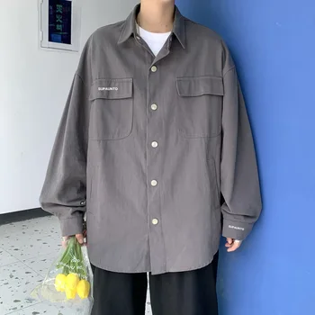 ZCSMLL İlkbahar ve Sonbahar Uzun kollu Gömlek erkek Gelgit Gevşek Rahat Öğrenci Japon Retro Vahşi moda gri Gömlek Hırka