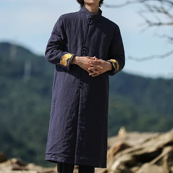 Çin Geleneksel Elbise Kış Uzun Ceket Retro Pamuk Keten Kalın Parkas Artı Boyutu Tang Takım Elbise Erkek Giyim Gevşek Palto Erkek