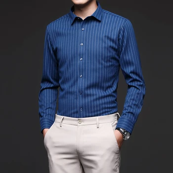 Üst Sınıf erkek Kış Polar Sıcak Uzun Kollu Gömlek Yeni Erkek Moda Çizgili Kore Slim Fit Uzun Kollu Gömlek Marka Giyim
