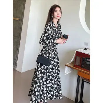 Şifon Çiçek Uzun Kollu Orta buzağı Elbiseler V Yaka Mori Kız Tarzı Fener Kollu kadın giyim Yay Elastik Bel Kazak