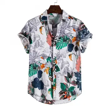 Şık kısa kollu gömlek tüm maç rahat erkek yaprak baskı Hawaii plaj gömlek